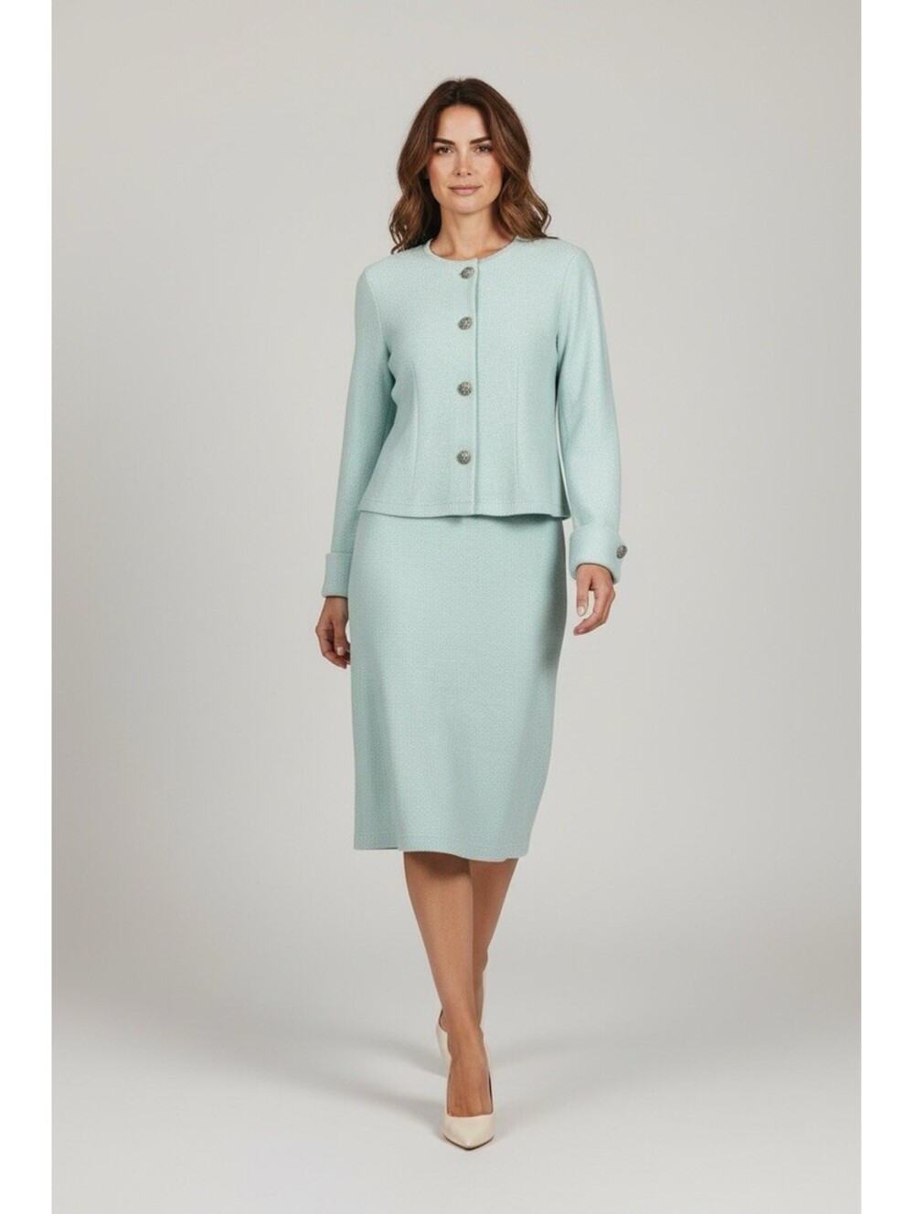 Manufactures Sample Iced Mint Stream Sz 4 Skirt Suit Wool Bl Rhinestones NWT